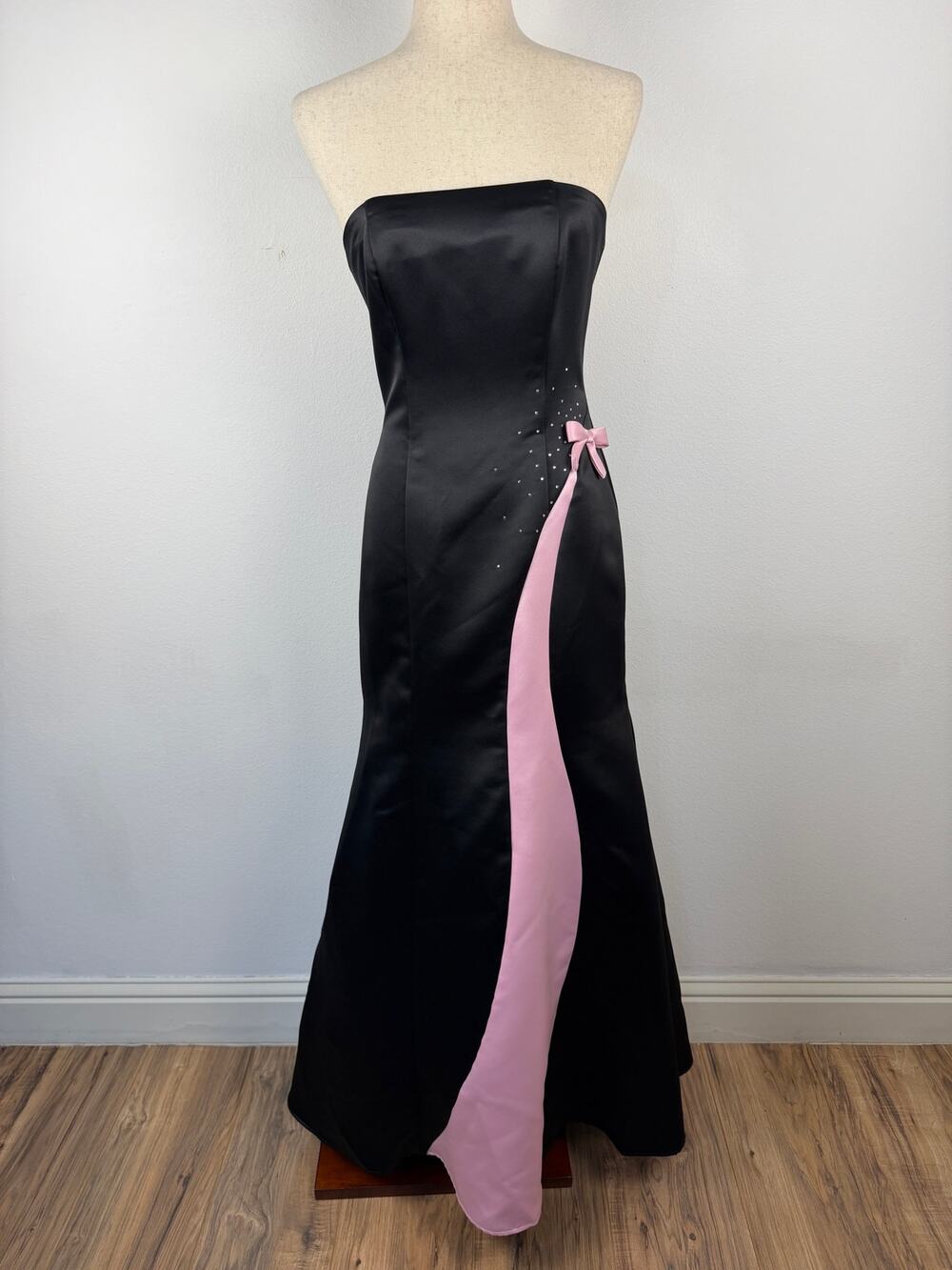 Vintage y2k Jessica McClintock Gunne Sax Black Pink Bow Strapless Gown 5/6 Small